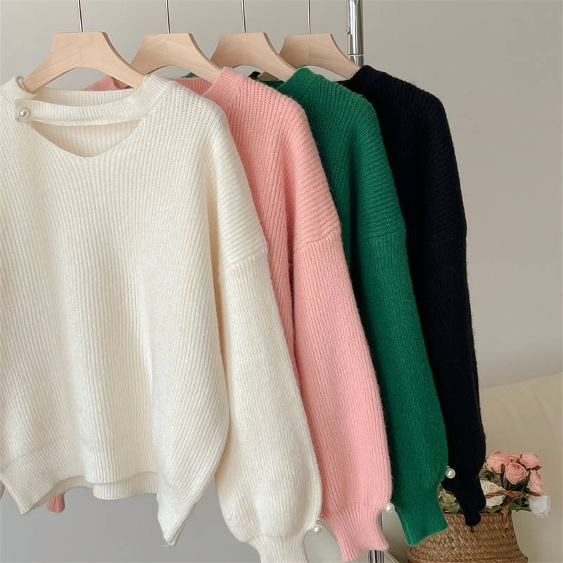 Lazy wind solid colour hanging neck long-sleeved jumper fema - 图1