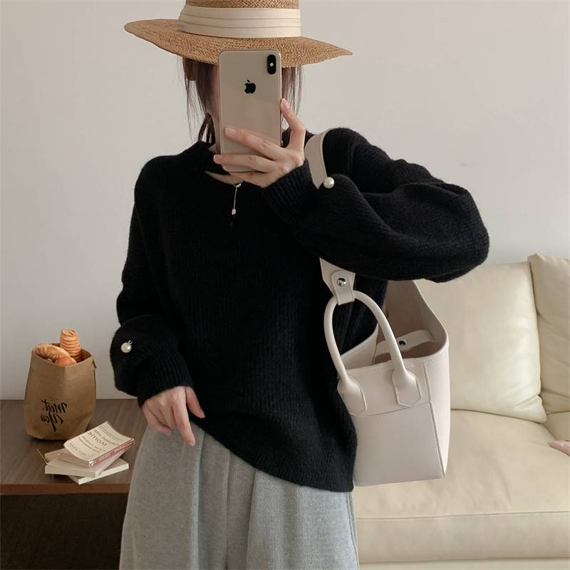 Lazy wind solid colour hanging neck long-sleeved jumper fema - 图0