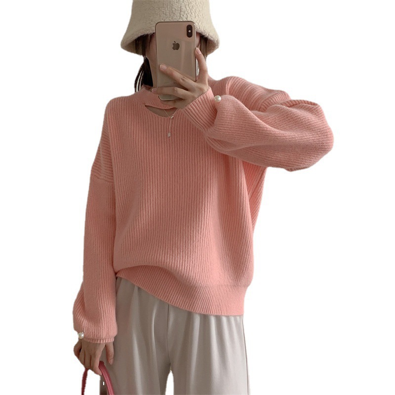 Lazy wind solid colour hanging neck long-sleeved jumper fema - 图2