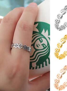 钱多多戒指好哆干商城18K钛金色铜钱转运指环男女士时尚聚财对戒