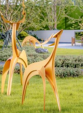 户外不锈钢几何梅花鹿雕塑售楼处地产草坪造景装饰抽象动物摆件