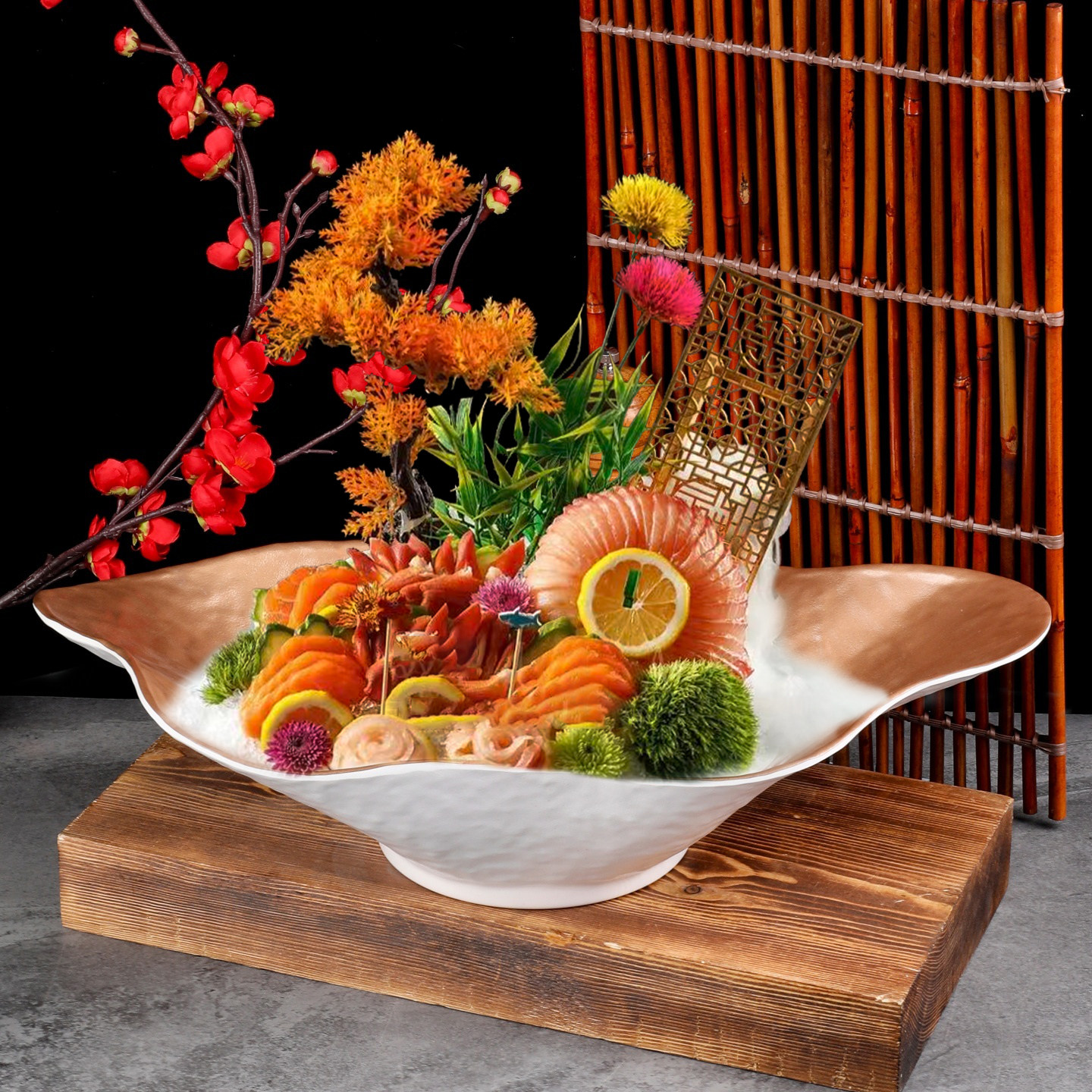 高档酒店日式料理刺身拼盘三文鱼海鲜刺身密胺干冰盘意境姿造冰盘,淘宝优惠券,粉丝福利购,淘宝优惠卷