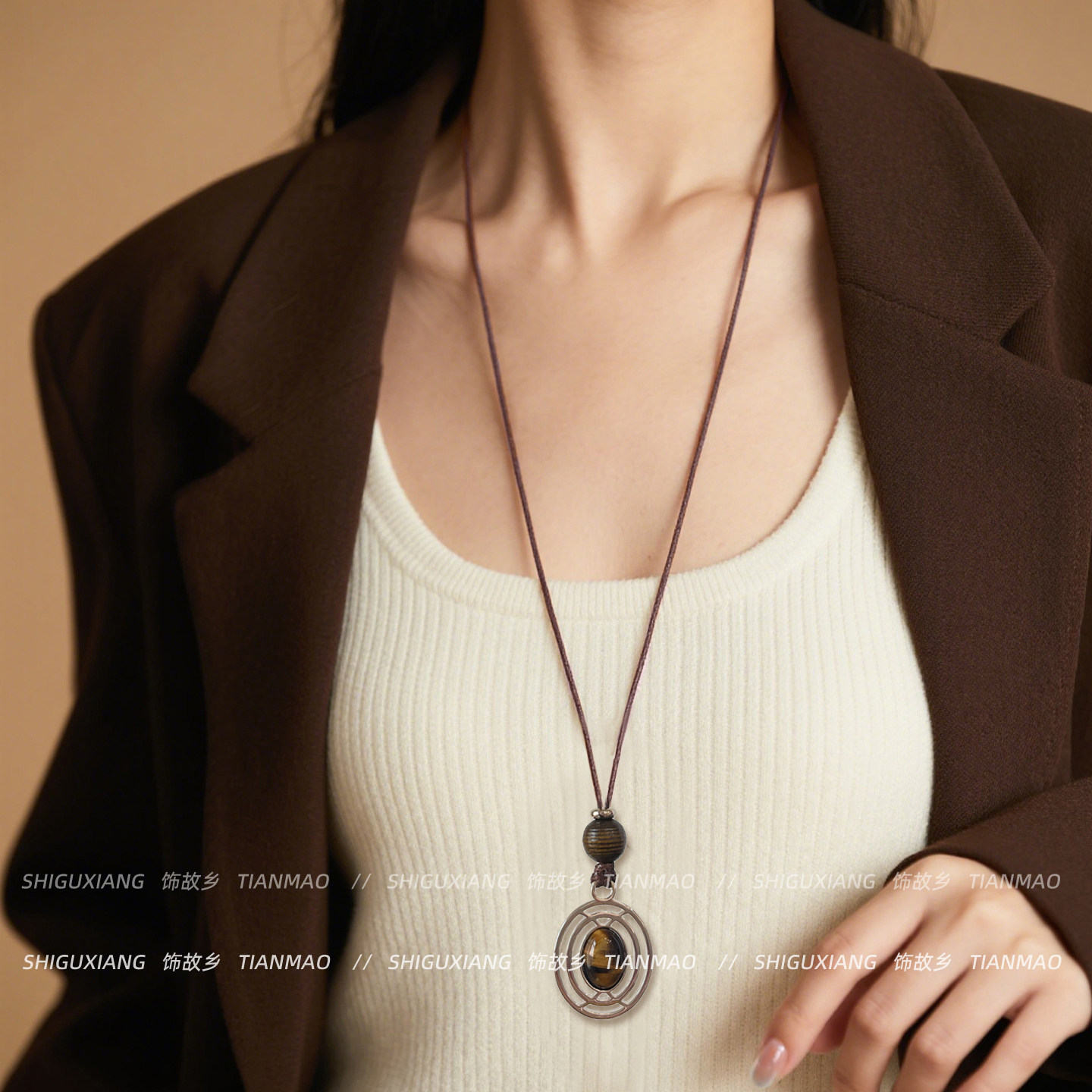 复古虎眼石项链长款莫瑞风穿搭配饰女秋冬挂脖卫衣链子配饰毛衣链,淘宝优惠券,粉丝福利购,淘宝优惠卷