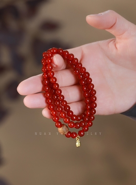三圈红玛瑙手链女手串