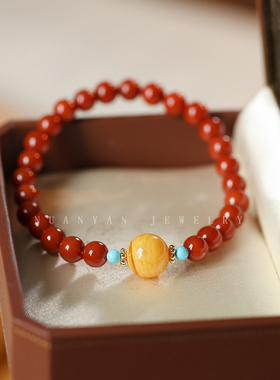 暖言天然南红玛瑙蜜蜡路路通手串