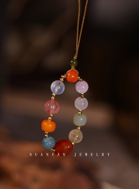 暖言天然多宝吊坠玛瑙蜜蜡和田玉草莓晶金发晶挂坠手机链包包挂件