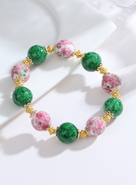 复古时尚古老琉璃珠绿蛇皮翠绿串珠手链古法工艺彩色手串简约饰品