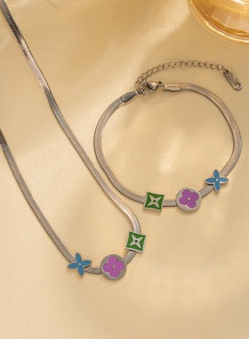 法式小众设计扁链条几何手链轻奢百搭简约高级感撞色花型锁骨链女