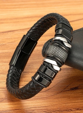 欧美个性复古男士不锈钢手链 真皮宽边编织钛钢吸磁手环