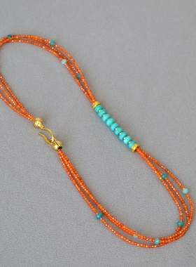 国潮新中式小众设计敦煌系列桔红色透亮锆石串珠可拆卸项链毛衣链