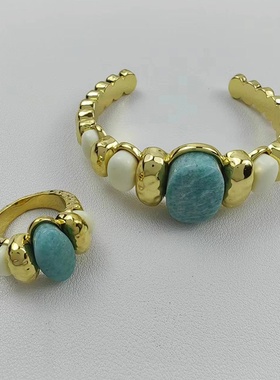 蓝色天河石戒指法国小众时尚复古宫廷真空铜镀18k金捶打纹理手镯