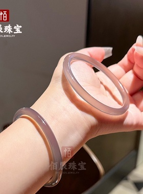 冰种烟灰色玛瑙玉髓手镯6MM叮当镯新中式烟灰美人条玉镯女友礼物