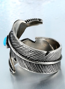 钢铁战士复古日韩饰品 钛钢高桥开口羽毛镶绿松石戒指