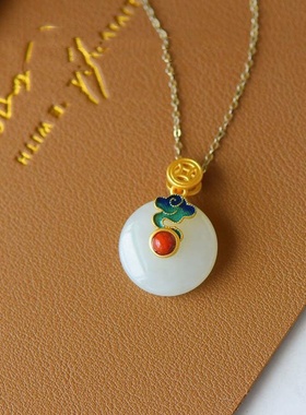 复古中国风平安扣吊坠和田玉项链女白玉简约款古法祥云旗袍首饰品