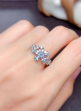 新款铜镀白金天然海蓝色开口戒指女花瓣款轻奢唯美精工镶嵌