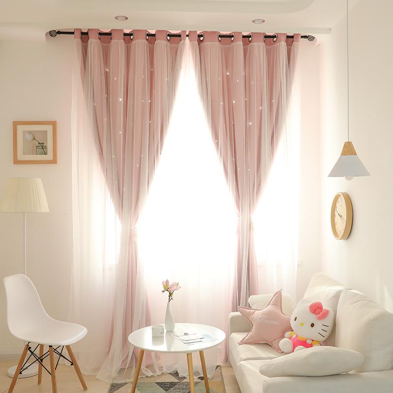 Double Pink Princess Curtains Hollow Stars Lace Curtain-图0