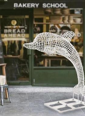 田园金属摆件不锈钢铁艺动物雕塑金属网格镂空户外水景海豚装饰品