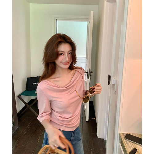龍喜儿 【初夏冷都】“天丝羊毛”上衣女中袖荡领时尚T恤Z105 - 图0