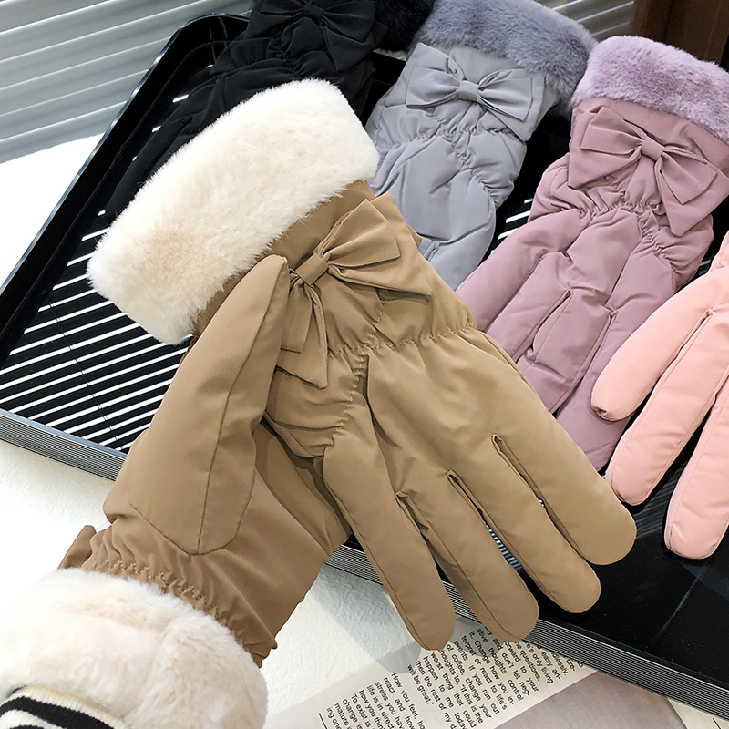 甜美蝴蝶结保暖手套女冬季加绒加厚骑车防风寒电动车棉手套可触屏 - 图0