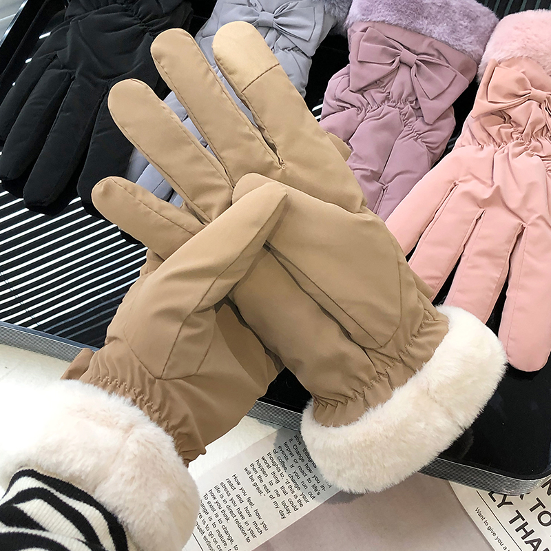 甜美蝴蝶结保暖手套女冬季加绒加厚骑车防风寒电动车棉手套可触屏 - 图2