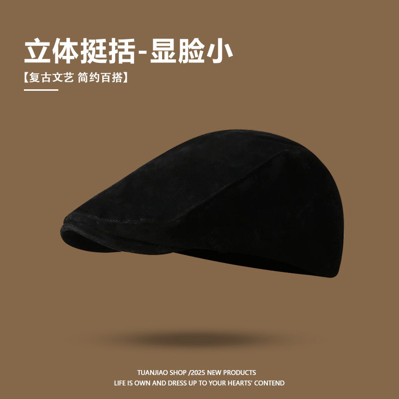 英伦复古麂皮绒前进帽女秋冬大头围百搭贝雷帽大版反戴鸭嘴帽子男,淘宝优惠券,粉丝福利购,淘宝优惠卷