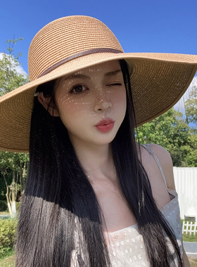 加大帽檐可折叠草帽沙滩帽子夏天