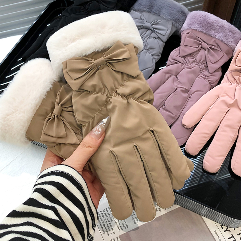 甜美蝴蝶结保暖手套女冬季加绒加厚骑车防风寒电动车棉手套可触屏 - 图1