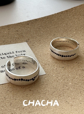 茶茶 S925纯银韩版小众设计感拉丝黑锆石戒指复古简约时髦指环