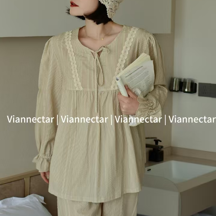 维安花密睡衣女春秋款长袖长裤家居服套装纯棉可外穿休闲简约纯色 - 图0