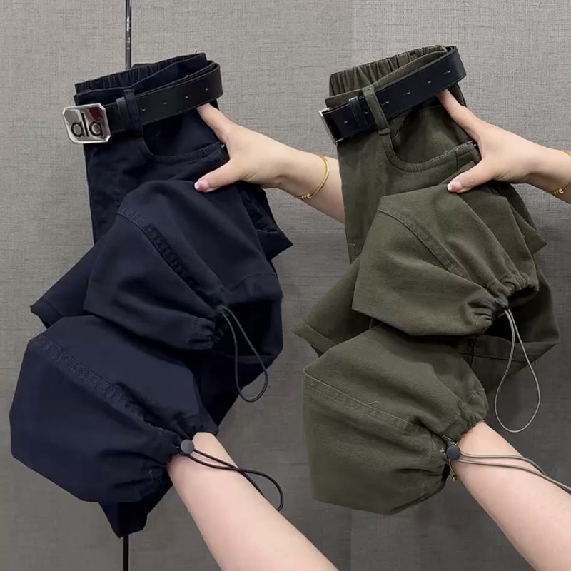 欧货春秋新款牛仔工装裤女高腰弹力显瘦弯刀裤直筒束脚两穿哈伦裤