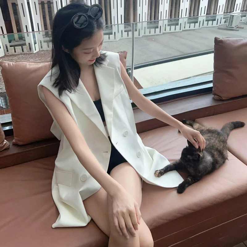 何超莲明星同款黑色西装连衣裙女设计感后背立体蝴蝶结马甲外套夏