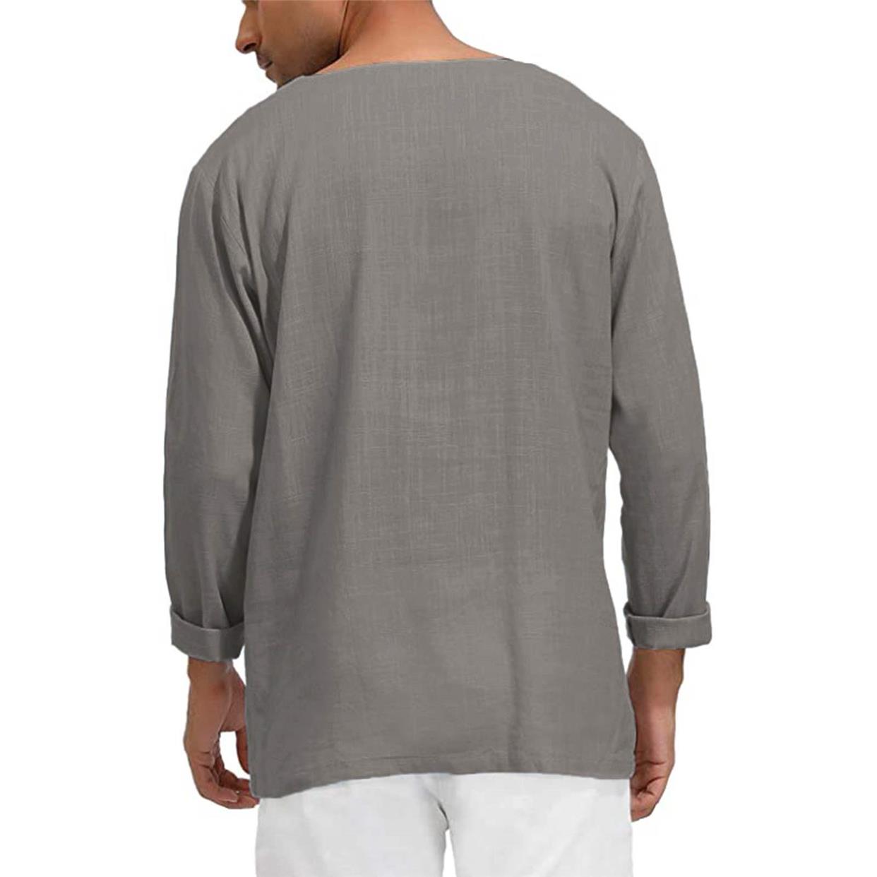 Summer Linen Solid Color Youth Crew Neck Shirt棉质长袖衬衣男 - 图2