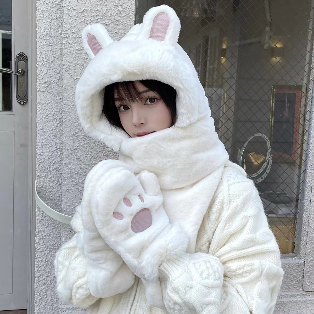 2025新款帽子围巾手套一体冬季可爱三合一兔子耳朵帽毛绒学生帽女,淘宝优惠券,粉丝福利购,淘宝优惠卷