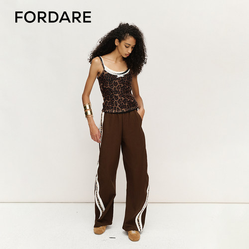 FORDARE/福蝶25春夏复古感豹纹拼接运动舒适宽松水洗咖色女士长裤 - 图2
