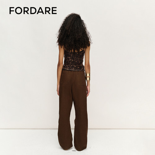 FORDARE/福蝶25春夏复古感豹纹拼接运动舒适宽松水洗咖色女士长裤 - 图3