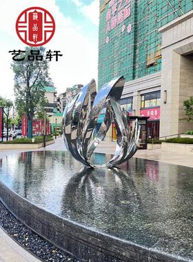 售楼部水景大型不锈钢镂空发光花瓣雕塑定制户外金属抽象圆环摆件