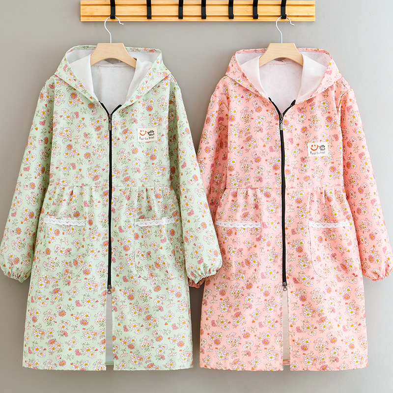 外套韩系碎花工作服耐磨帆布防污耐脏家用厨房长袖罩衣围裙女洋气 - 图0