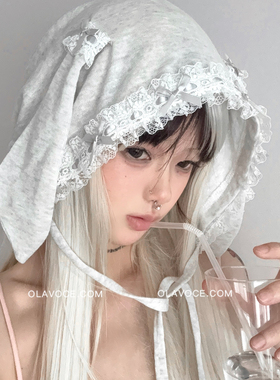 原创兔耳蕾丝灰色帽子