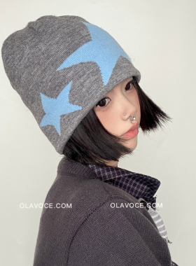 甜酷灰星星针织帽女秋冬保暖