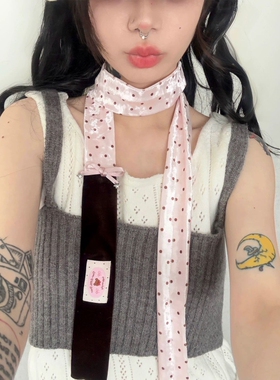 原创粉色波点丝巾女长条丝绒飘带撞色多功能系脖领巾丝带甜美围巾