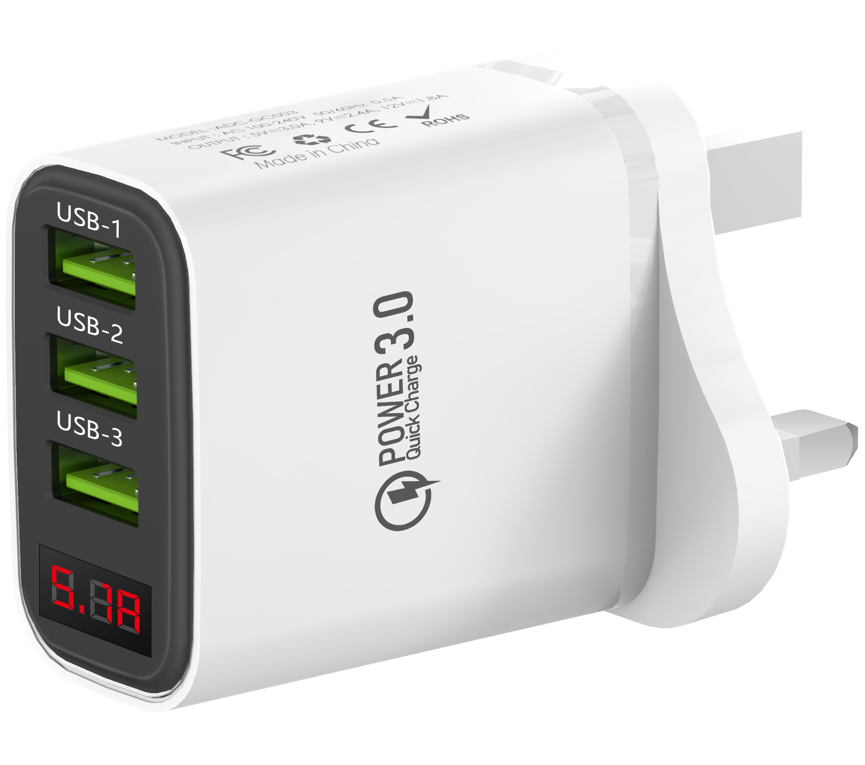 适用苹果荣耀一加多口3USB充电器5V3.0A9V12V1.8数显手机充电头带显示屏幕英规欧美规香港澳门台湾新加坡旅行