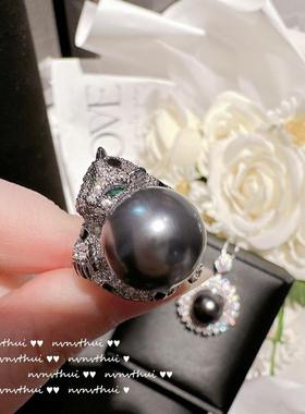 古巴比伦猎豹珍珠戒指 大溪地 钢琴黑海水贝珠花朵锆石戒指 项链