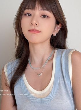 EmoPluto「蓝调海洋」小众碎银子蓝色项链叠戴双层锁骨链高级感