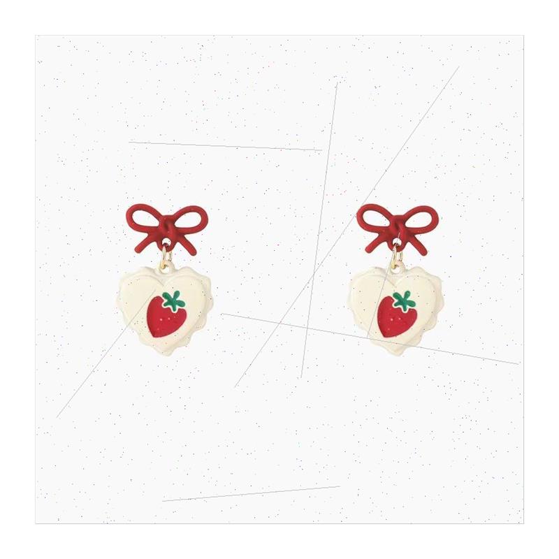 Spring summer cute bow love strawberry compact earrings fres - 图3