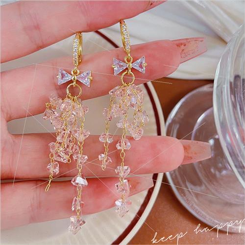 Ambient sense beauty Sweet gentle summer pink crystal tassel - 图1