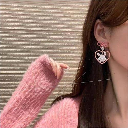 Asymmetrical pink heart rabb earrings niche bow soft girl ea - 图2