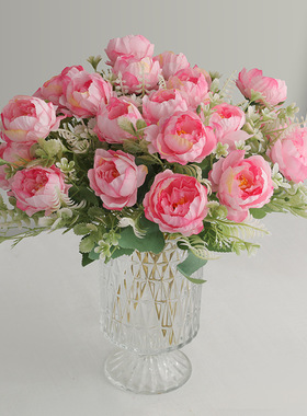 仿真5叉茶玫绣球花束摆件