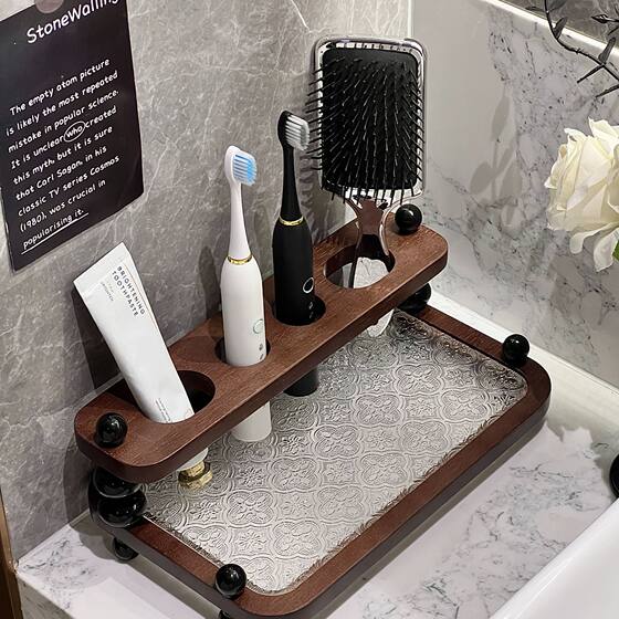 Retro solid wood bathroom no-punch toilet toothbrush holder