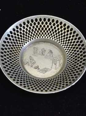 中式古典茶碟杯托银盘银碟镂雕边网精美人物图案复古镀银小碟子