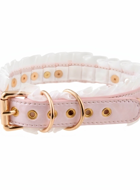 灼欲*粉色蕾丝珍珠铆钉真皮项圈小狗颈饰puppy蝴蝶结脖颈定制刻字